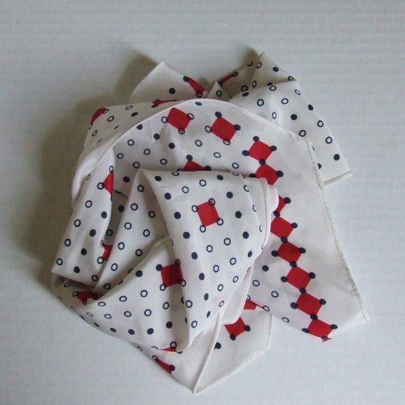 Vintage scarf Vera Neumann white scarf with blue circle and dots red squares - Picture 3 of 8